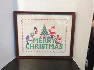 Vtg Cross Stitched Linen Framed Merry Christmas Wall Hanging Cottage Core - Picture 1 of 10