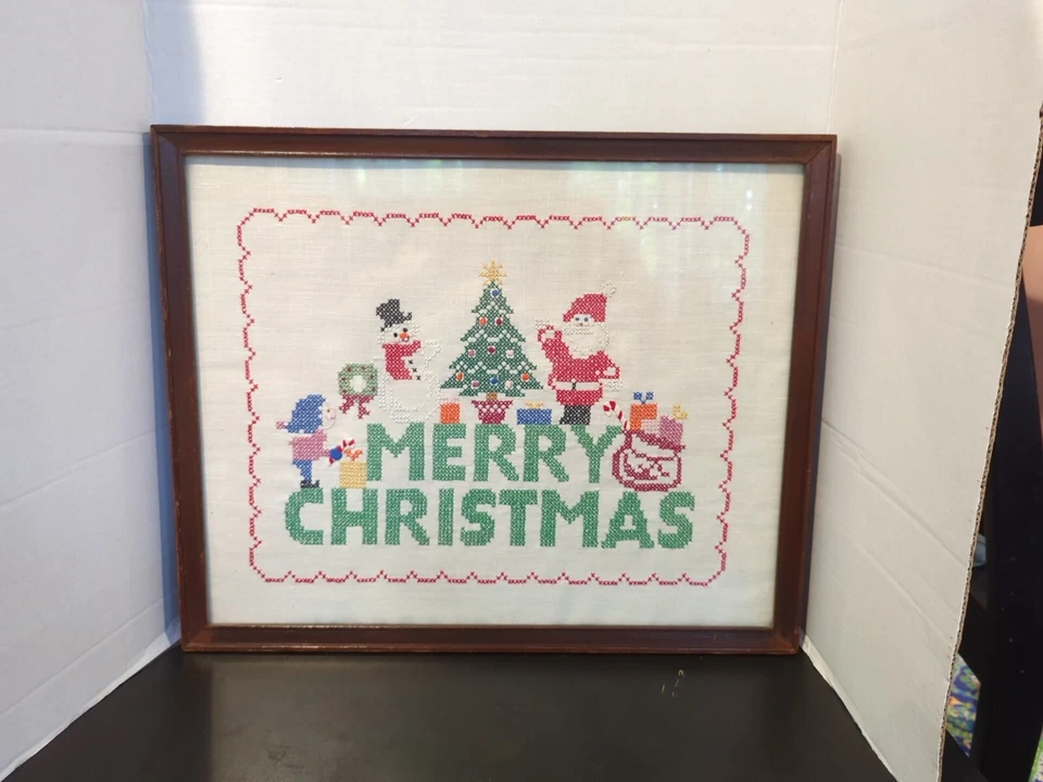 Vtg Cross Stitched Linen Framed Merry Christmas Wall Hanging Cottage Core  - Image 1 of 4
