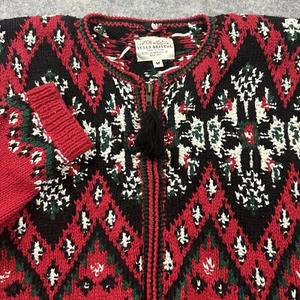 VINTAGE 1995 Susan Bristol Cardigan Sweater Womens Medium Red Black Hand Knit - Picture 1 of 10