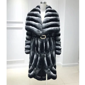 Women Chinchilla Full Pelt Real Rex Rabbit Fur Coat Large Lapel Stripe Overcoat - Picture 1 of 6