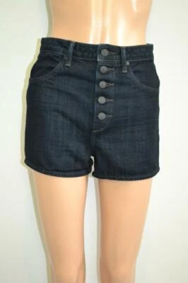 Helmut Lang Dark Denim High-Waist Button Front Shorts, Size 24 - Image 1 of 4