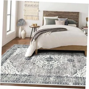 5x7 Rug Washable Area Rugs for Living Room, Non Slip 5 x 7 5'x7' Border Grey - Picture 1 of 7
