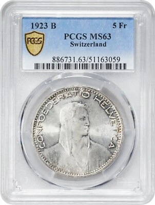 Switzerland 5 francs 1923 B, PCGS MS63, "Confoederatio Helvetica (1917 - 1967)" - Image 1 of 4