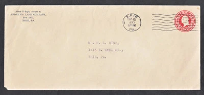 U430e POSTAL ENVELOPE COVER ERIE PENNSYLVANIA TO ERIE 1933 - Image 1 of 2