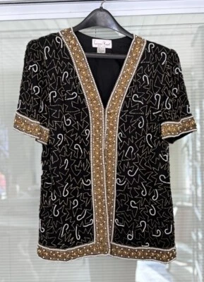 Top Laurence Kazar Nueva York Vintage Seda Cuentas Manga Corta PM Negro Dorado Perla Foto 1 de 4