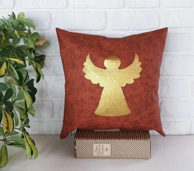 Gold XMAS Angel terracotta color old look faux leather fabric pillow cover-1 QTY - Image 1 of 4