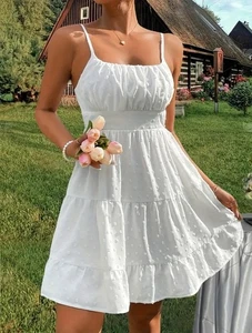 Shein S White Tiered Dress Ruffle Swiss Dot Cottagecore Beachy Adjust Strap - Picture 1 of 12