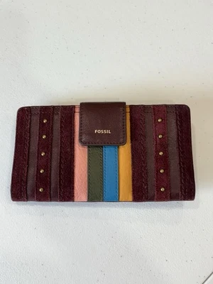 Cartera sin asas plegable Fossil Logan cuero multicolor y gamuza a rayas retro de colección Foto 1 de 4