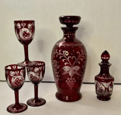 Egermann Ruby Red Cut to Clear Bohemian Glass Stemware Decanter & Flacon Bottle - Image 1 of 4