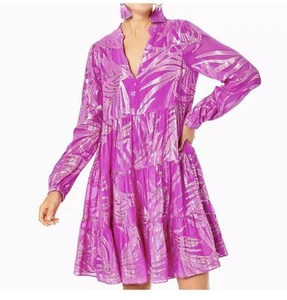 Vestido Lilly Pulitzer Sarita Seda Fucsia Hoja de Palma Metálico Talla 8 - Imagen 1 de 7