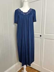 VTG Shadowline Nightgown & Robe Set Navy Blue Embroidered Details Sz M Coquette - Picture 1 of 15