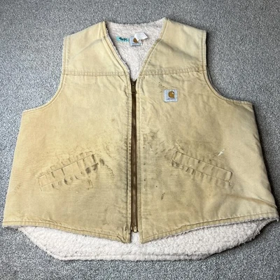 vtg Carhartt Vest Mens Large Tan Duck Canvas Sherpa Lined Workwear Zip Front - Image 1 of 4