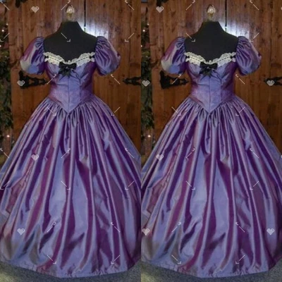 Victorian 1960s Wedding Dresses Satin Purple Vintage Short Sleeves Bridal Gowns - Image 1 of 4