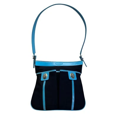 Tod’s Black & Blue Nylon Leather Trim With Silver Turn Lock Crossbody Bag - Image 1 of 4