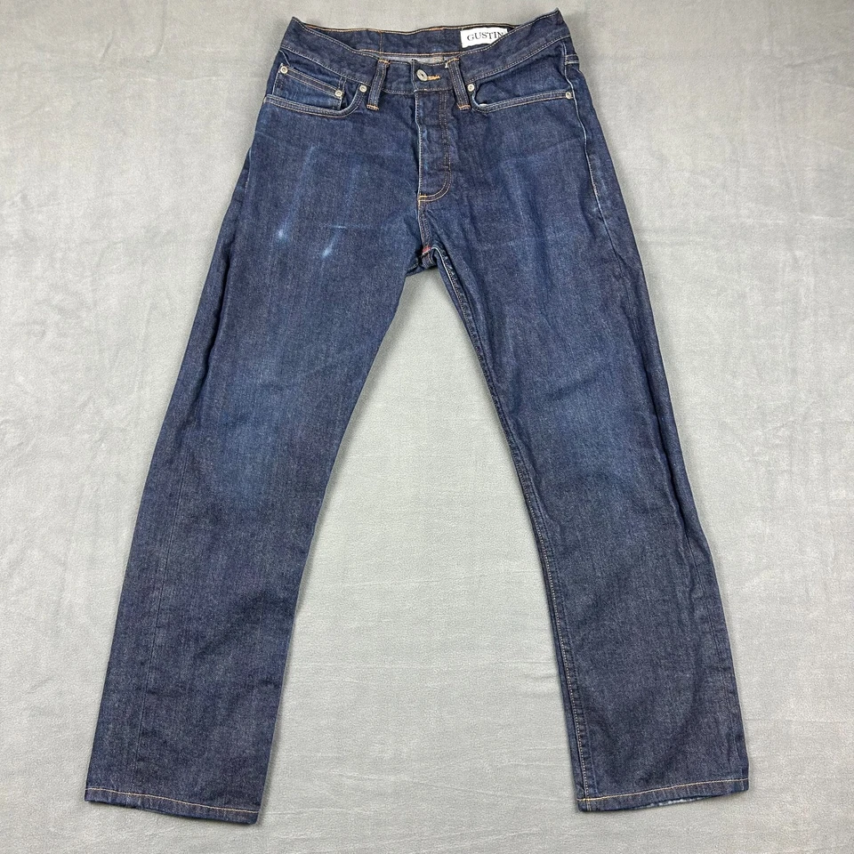 Jeans Gustin Para Hombre 31 (28x28) Azul Crudo Pierna Recta Botón Ribete Mosca Denim Foto 1 de 4