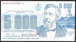 Reader's Digest 2001 Canada Sweepstakes Prize Money Note $5000 English Coupon - Picture 1 of 2
