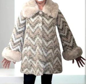 VTG Faux Fur Princess Wool Coat 1960s Mod Winter Made in Italy Neutral Colors - Picture 1 of 18