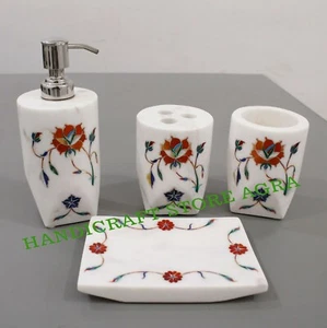 Set di 4 pz accessori bagno di lusso intarsio marmo bianco di 4 pz. Decorazione bagno - Foto 1 di 9