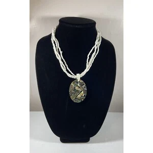 4 Strand White Seed Bead Necklace w Large Oval Abalone Pendant Beach Mermaid - Picture 1 of 9