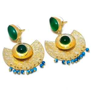 Green Onyx Gemstone Gold Plated Designer Stud Earrings Jewelry - Picture 1 of 1