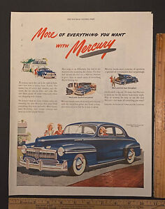 Vintage Print Ad Mercury Blue Car White Wall Tires Woman Driving 1940s Ephemera