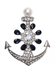 Broche bijou Ancre Marine Strass Cristal Blanc et Bleu. - Imagen 1 de 5