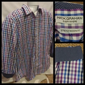 Nick Graham Stretch Modern Fit kariertes langärmliges Herrenhemd mit Umschlagmanschette Large - Bild 1 von 10