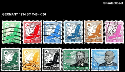 GERMANY 1934 SC C45-C56 AIR MAIL SET USED NO GUM FINE/VERY FINE - Image 1 of 2
