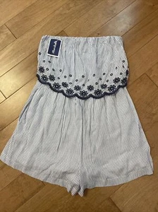 NWTJessica Simpson Blue White Striped Floral Embroidered Strapless Romper Size S - Picture 1 of 6