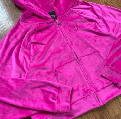 Ladies Victoria's Secret Velour Extra Soft Cropped Hot Pink Full Zip Front LRG - Image 1 of 4