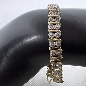 Solid 10K T/Tone Gold Icy Diamond Ladies Bracelet w/Extra Thin Safety Chain 9.7g - Picture 1 of 12