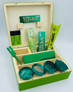 Green Wooden Rolling Box Rizla Paper Roach Dank Plank NO1 Metal Grinder Cone Set - Picture 1 of 16