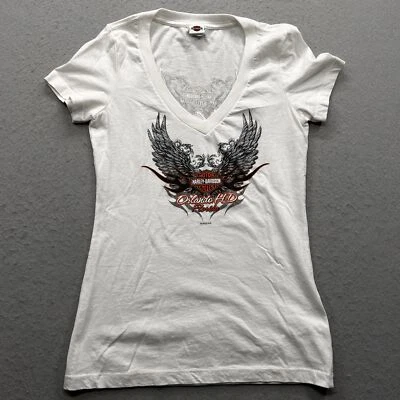 Top para mujer Orlando Harley-Davidson pequeño blanco gráfico cuello en V Foto 1 de 4
