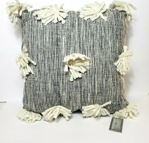 Anthology Henley Square Throw Pillow Chevron NWT Blue Ivory Pom Poms Boho 20x20 - Picture 1 of 7