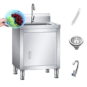 Freestanding Kitchen Sink Commercial Utility Stainless Steel Sink with Faucet - Picture 1 of 12