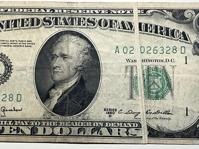 1950 D $10 Ten Dollar Bill ERROR Gutter Fold Federal Reserve Note  Vintage Old - Image 1 of 4