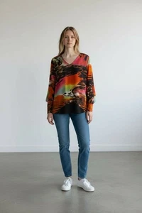 Calessa Damen Größe M Netz Aquarell V-Ausschnitt 3/4 Arm Tunika Lagenlook Business  - Bild 1 von 7