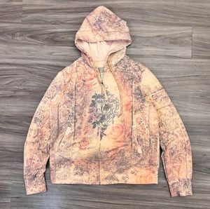 Y2K / Vintage Green Tea Rose Motiv Zip Up Hoodie Floral Barock Print Boho Large - Bild 1 von 12