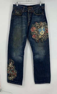 Ed Hardy Mens Blue Cotton Embroidered Denim Straight Leg Jeans Size 33 - Image 1 of 4