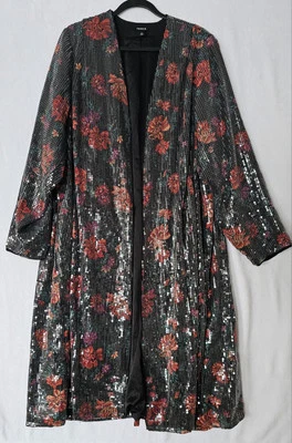 Torrid Womens Black Red Floral Sequins Open Front Long Kimono Jacket Size 4 - Image 1 of 4