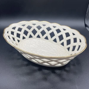 Lenox Wicker Collection Pierced Oval Bowl Basket With Gold Trimmed - Picture 1 of 11