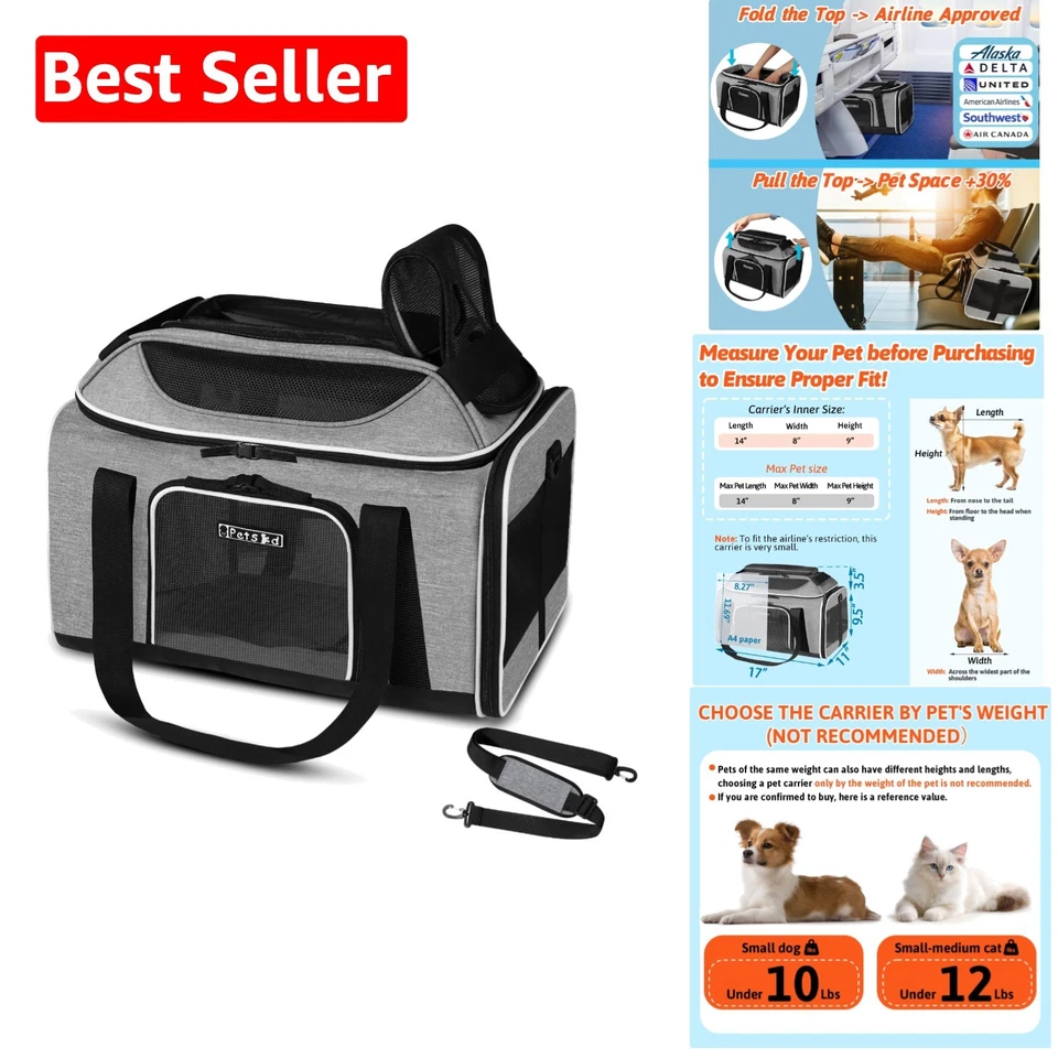 Durable Expandable Soft-Sided Pet Carrier with Safety Features - Grey, 17x11x9.5 - Image 1 of 4