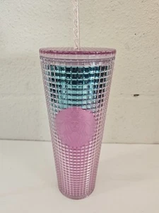 STARBUCKS IRIDESCENT PINK GRID COLD CUP DIAMOND 2021 24 Oz NEW - Picture 1 of 4