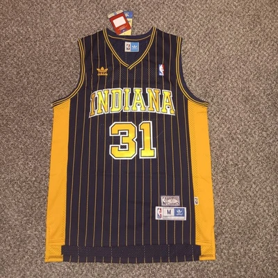 Camiseta mediana Reggie Miller Indiana Pacers azul marino y amarillo de la NBA nueva Foto 1 de 2