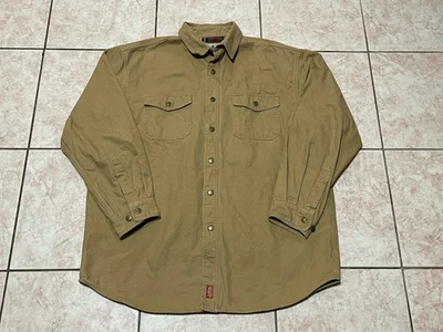 Canvas Flannel Lined Pockets Metal Button Gold Work Shirt Jacket Size L Mens - Image 1 of 4
