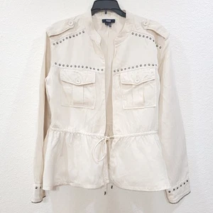 Paige Women's Linen Blend Jacket Sz M Ivory Cardene Studded Peplum Black Label - Picture 1 of 7