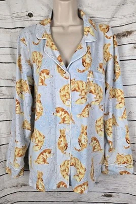 Top de pijama con estampado de gato con cabeza de cama L para mujer de algodón orgánico con botones azul Foto 1 de 4