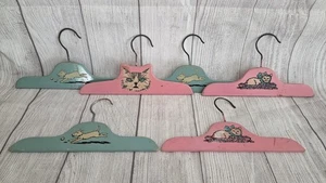 6 Vintage 1930's Wooden Children's Clothes Hangers Pink Aqua Cats Dogs 30's Lot - Picture 1 of 6