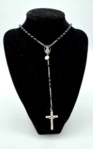 VTG Italian Black Wood Round Bead & Silver Tone Crucifix Rosary Mary Jesus - Picture 1 of 9