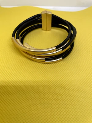 BoHo Black Leather Bracelet With Gold Tone Bars Magnetic Closure 7" - Image 1 of 3